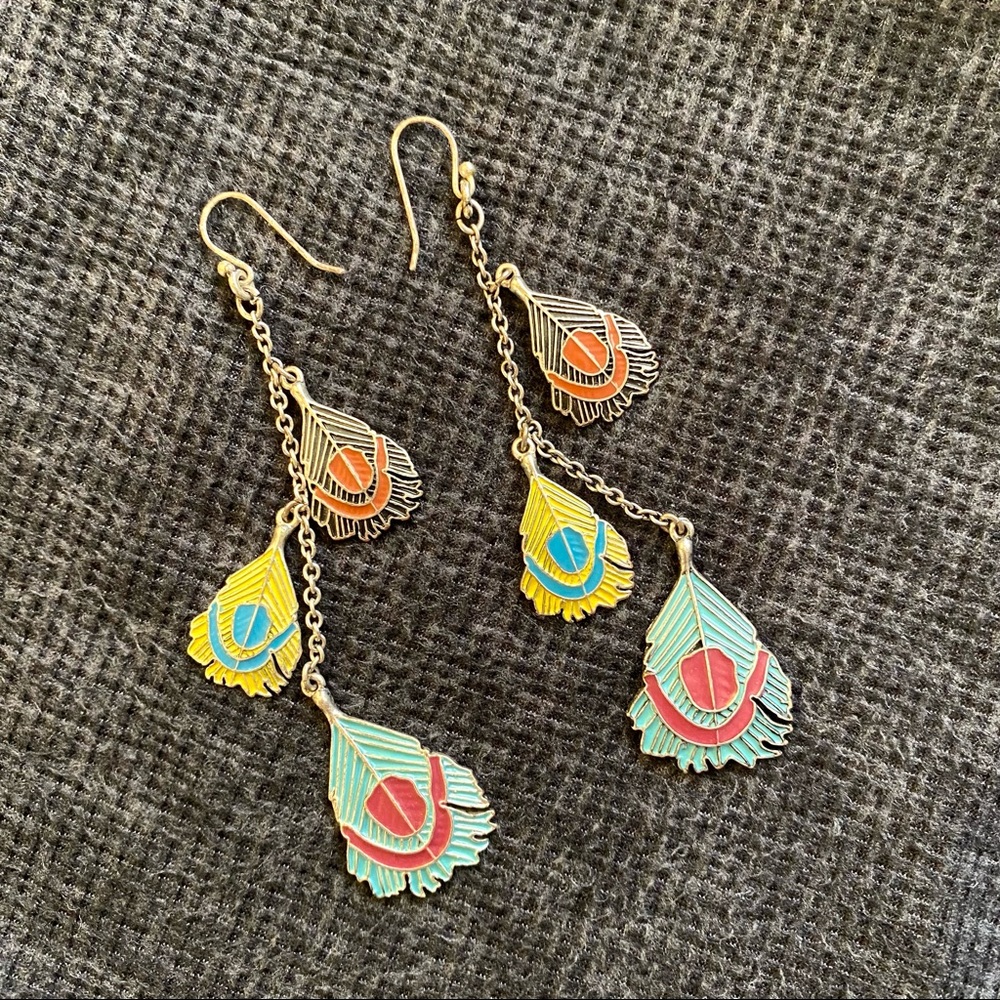 Fossil Multicolor Feather Silver Dangle Earrings